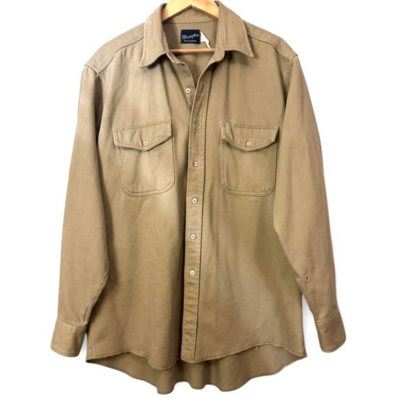 WRANGLER Western Shirt Vintage Mens XL-XXL Tan Canvas Cowboy Cut Rugged Work - Picture 1 of 16